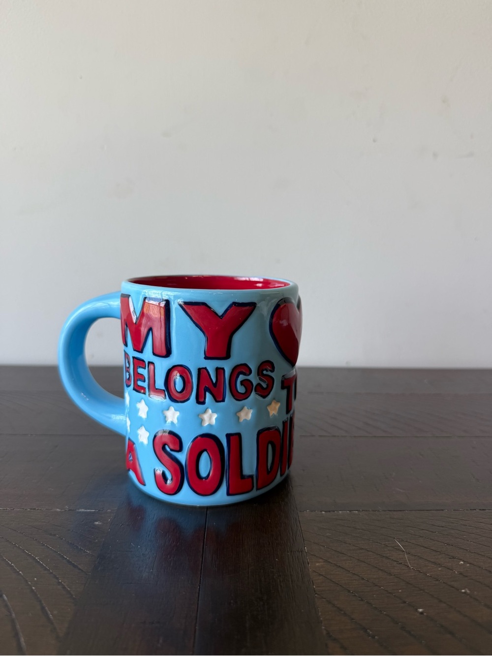 Cracker Barrel “My Heart Belongs To A Soldier” Blue Ceramic Coffee Mug 16oz.